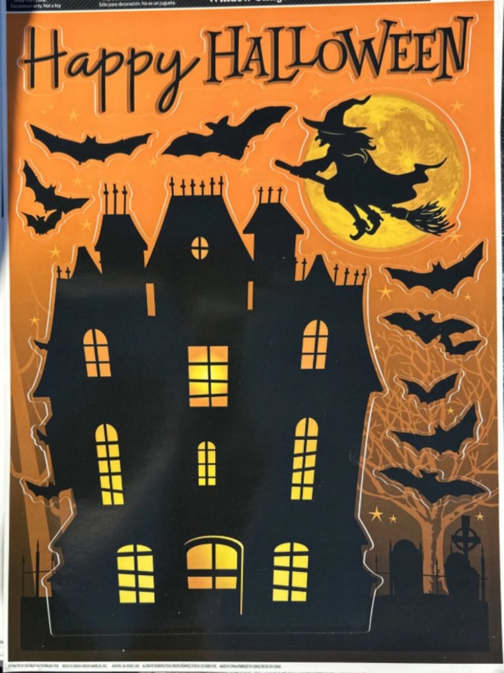 Way To Celebrate Halloween Witch Bats Haunted House Window Cling